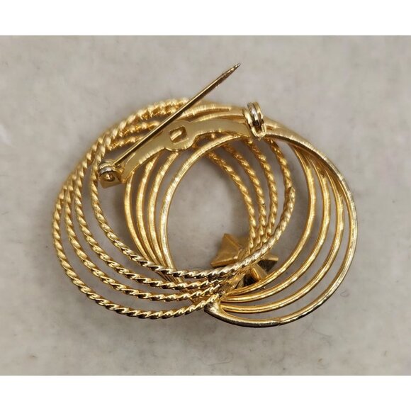 Multi Swirl Gold Tone Brooch With Purple Flower Shaped Rhinestone Accent - Picture 4 of 4